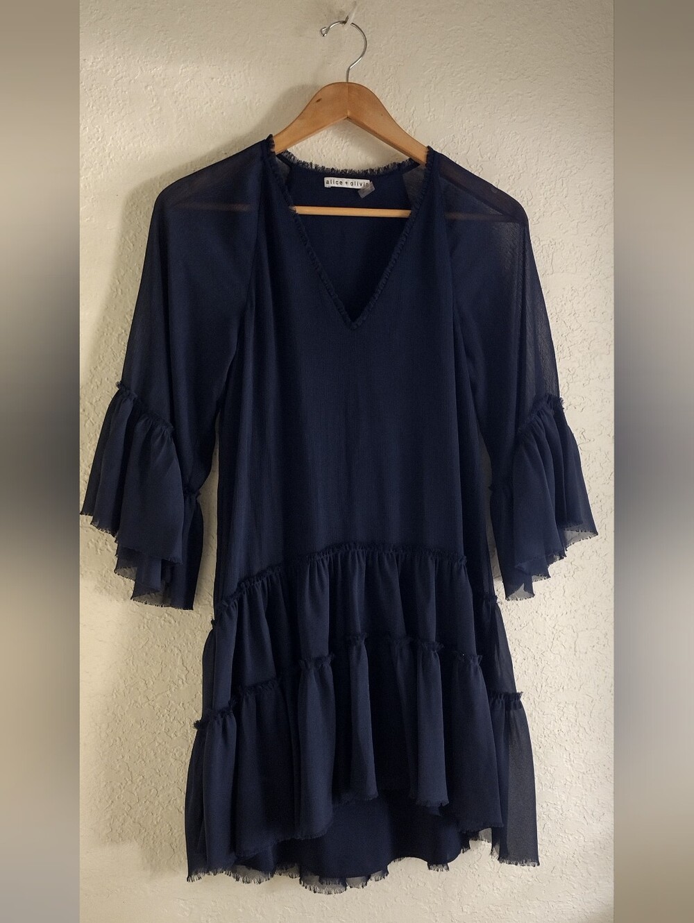 Alice + Olivia Navy Blue Tiered Ruffle Mini Dress Boho Western Chic - Picture 3 of 7